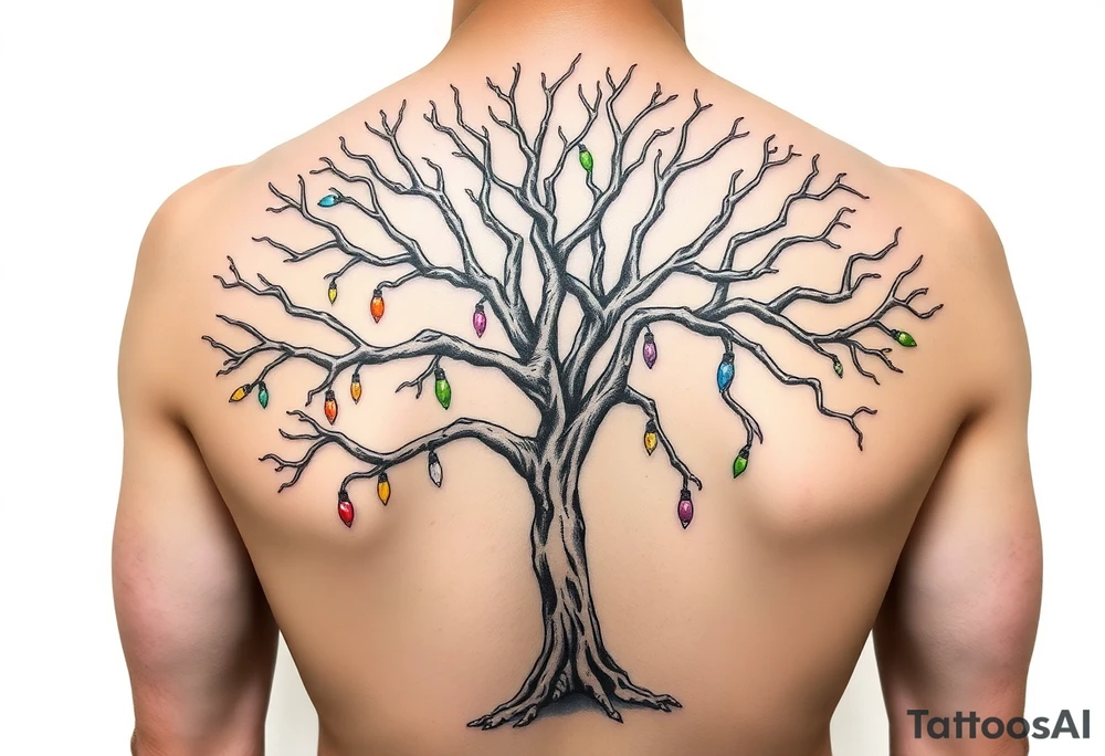 An eerie tree made out of human bones. The bigger the branches, the bigger the bones, so small branches will be hand and finger bones. There are also glass lights hanging throughout the tree and the lights are all colors of the rainbow. So this eerie tree is still somewhat beautiful tattoo idea