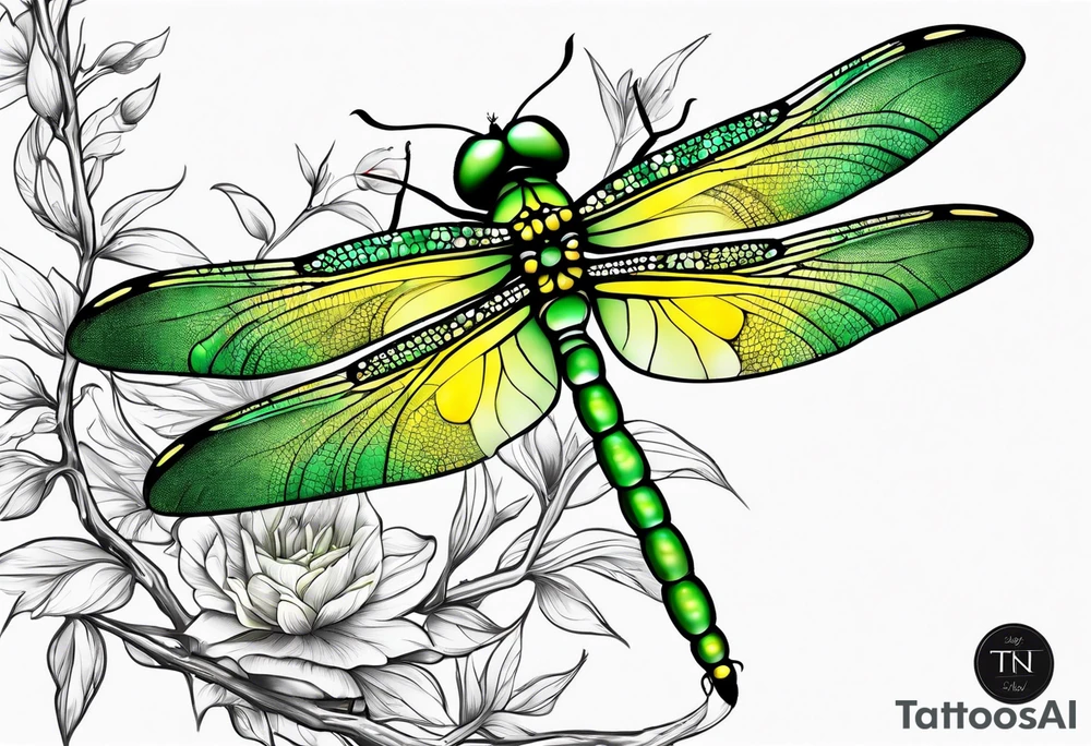 green and yellow dragonfly on a twig tattoo idea