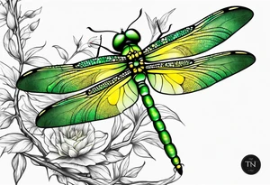 green and yellow dragonfly on a twig tattoo idea