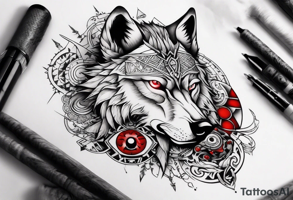 want a half sleeve on my left forearm featuring a wolf with red eyes, surrounded by Māori patterns and Norse symbols tattoo idea