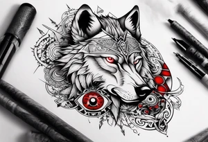 want a half sleeve on my left forearm featuring a wolf with red eyes, surrounded by Māori patterns and Norse symbols tattoo idea