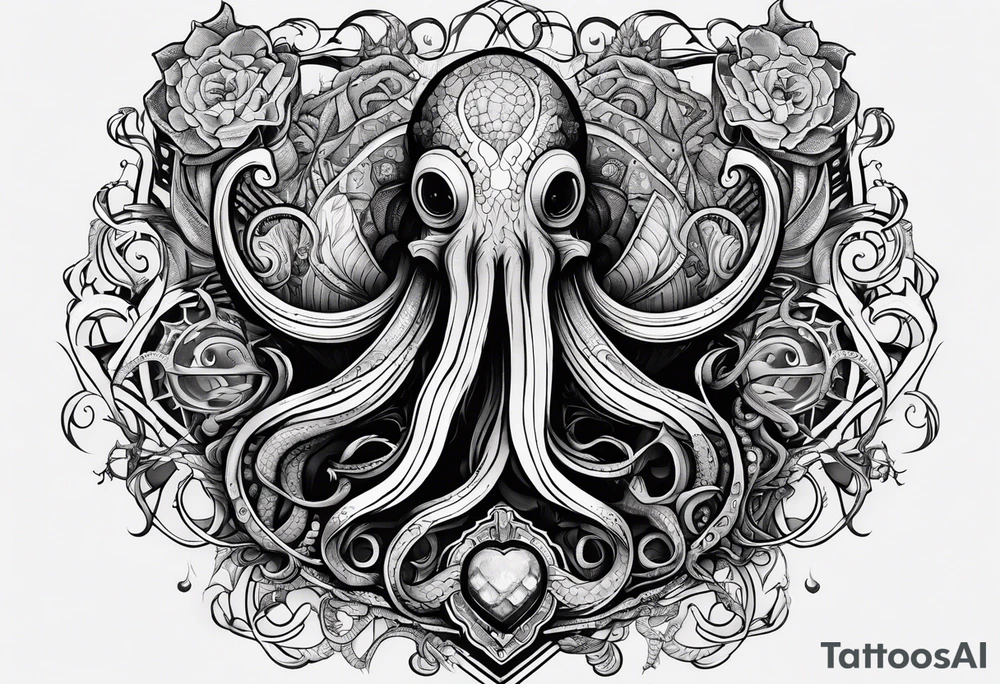 Long tattoo for forearm. Lovecraftian creature, with technological elements. Tentacles protect a heart. tattoo idea