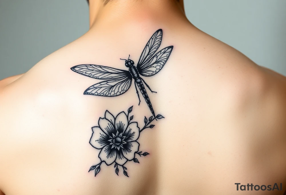 Tattoo  ecrit 'dinna fash'. style celtique linge noir fin avec fleur ecossai et dragonfly. position du tattoo main vers le pouce allonger tattoo idea