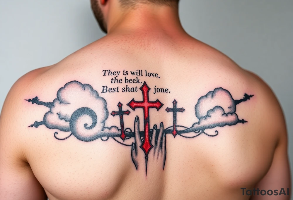 Red and black ink  tattoo on left inner arm with bible verse background clouds and 3 crosses one red in the middle of wrist  under a chosen wrist tattoo before the hand/palm 

On left arm tattoo idea