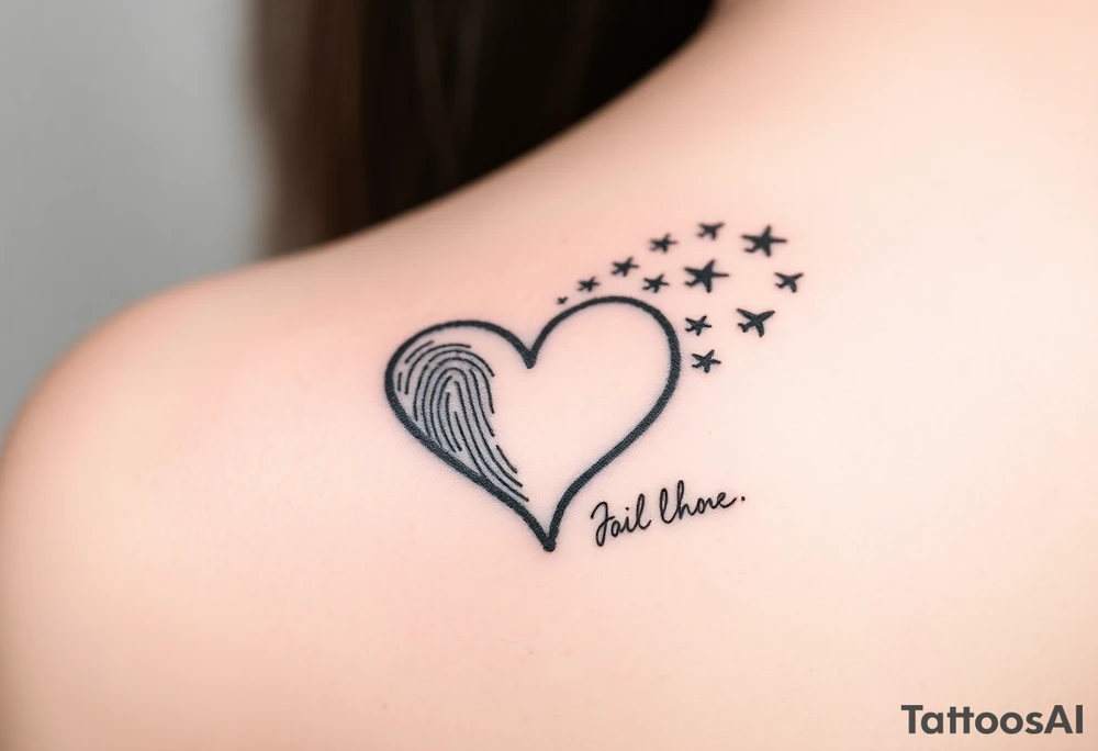 Two fingerprints merged into a heart shape, with the top right edge breaking away into small planes flying into the sky.

Place a signature Beneath the heart in the loved one’s handwriting. tattoo idea