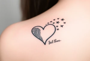 Two fingerprints merged into a heart shape, with the top right edge breaking away into small planes flying into the sky.

Place a signature Beneath the heart in the loved one’s handwriting. tattoo idea