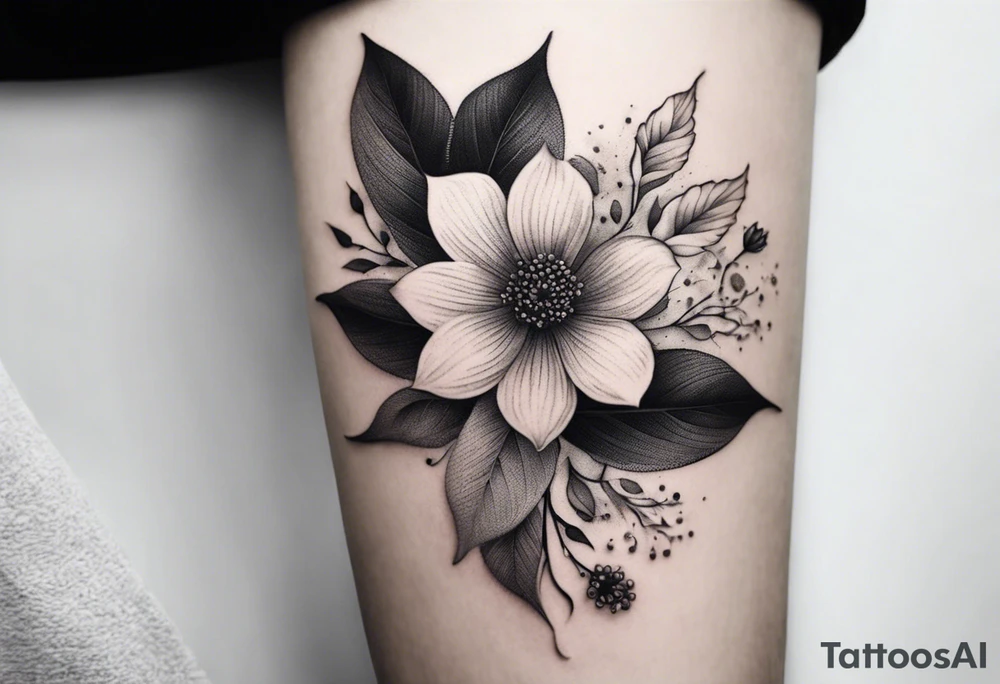 Design an ornamental tattoo featuring a single stem with delicate leaves and blossoms, using thin lines for a refined look. tattoo idea