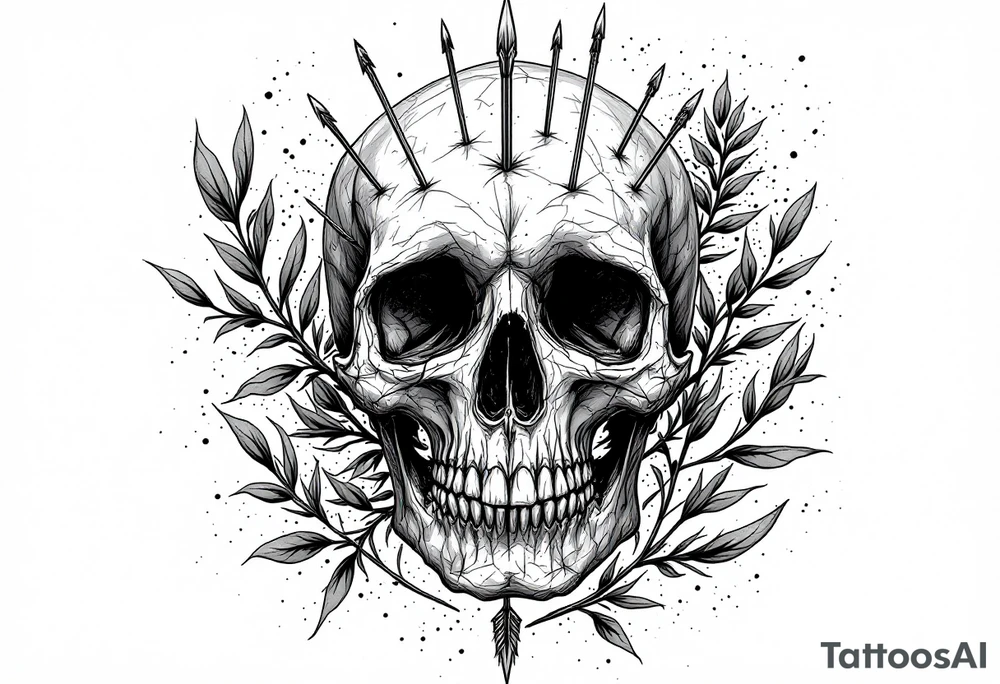 a skull whose head would be pierced by needles under the head come down an  arrow and surrounded around by a olive tree leaf tattoo idea