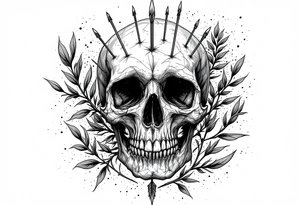 a skull whose head would be pierced by needles under the head come down an  arrow and surrounded around by a olive tree leaf tattoo idea