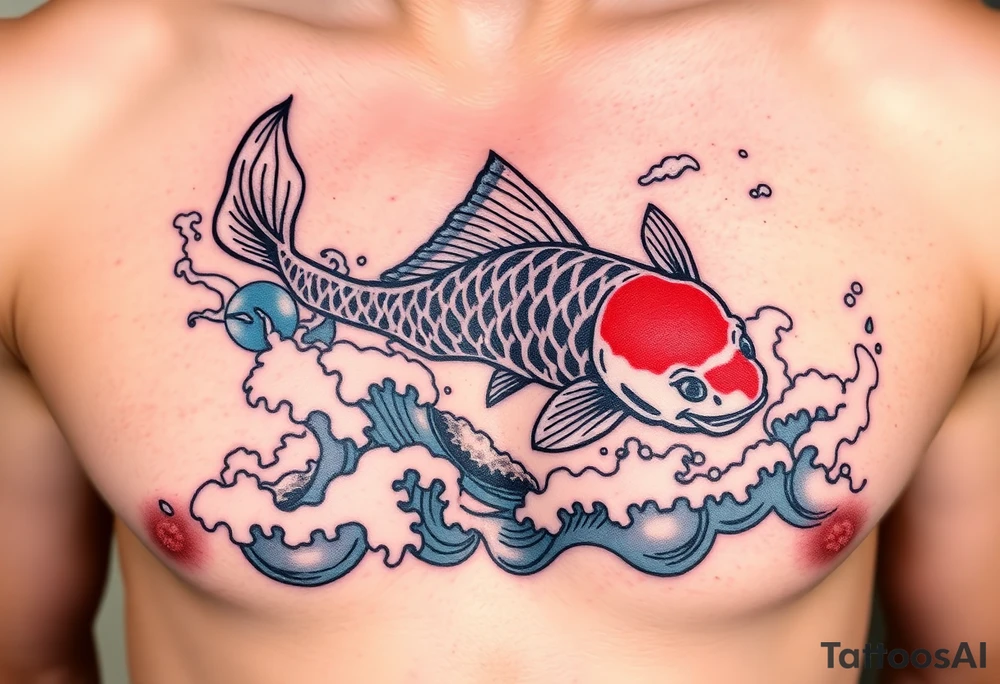 traditional koi fish swimming upstream through turbulent waves tattoo idea