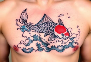 traditional koi fish swimming upstream through turbulent waves tattoo idea