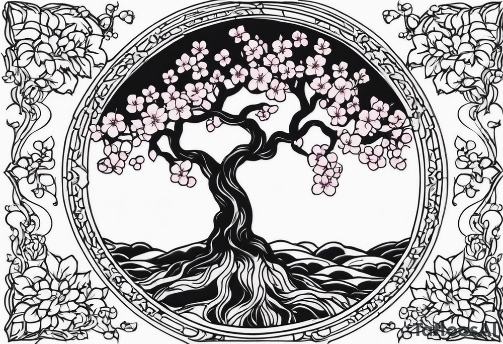 Tree of life in a circle cherry blossoms tattoo idea
