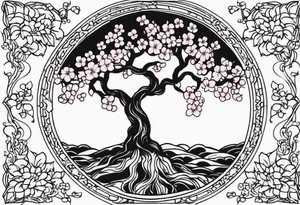 Tree of life in a circle cherry blossoms tattoo idea