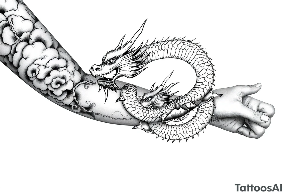 storm clouds and lightning mixed throughout, eastern dragon wrapping around the arm with head at the inside wrist, tattoo idea