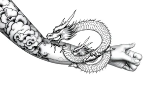 storm clouds and lightning mixed throughout, eastern dragon wrapping around the arm with head at the inside wrist, tattoo idea