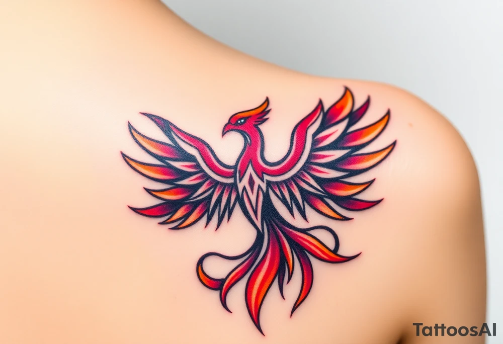 Phoenix rising from the ashes with the colors red, pink, orange and purple. Size 3 cm wide and 5 cm high tattoo idea