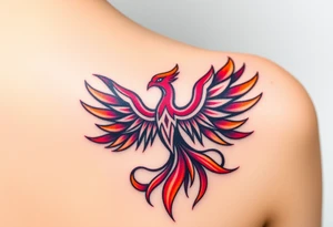 Phoenix rising from the ashes with the colors red, pink, orange and purple. Size 3 cm wide and 5 cm high tattoo idea