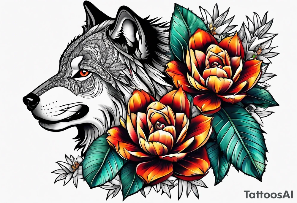 Lobo animal, cactos, flor tattoo idea