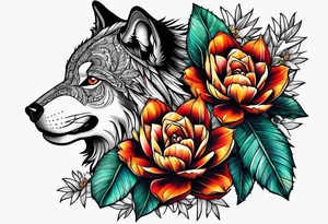 Lobo animal, cactos, flor tattoo idea