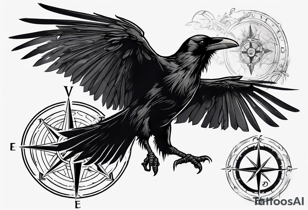 black raven with flying toward the foreground with a viking compass in the background tattoo idea