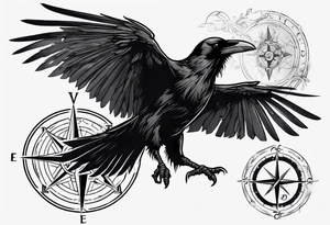 black raven with flying toward the foreground with a viking compass in the background tattoo idea