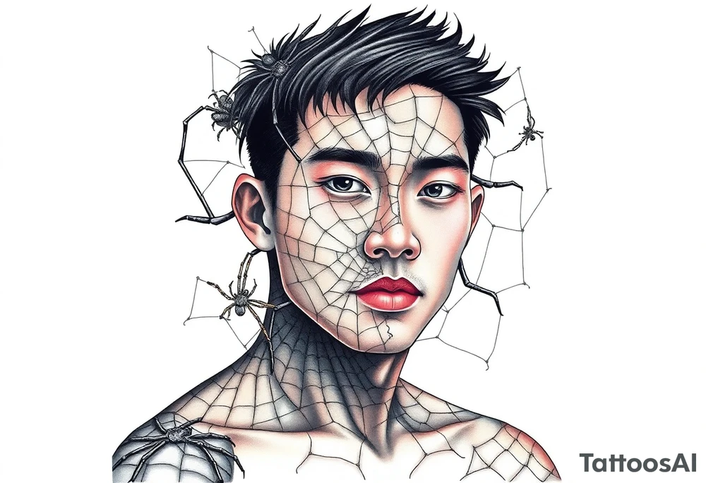 Handsome Asian young guy covered with spiders web tattoo idea