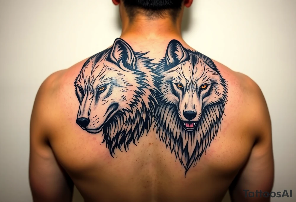 2 wolves- good and evil . Full body black wolf white wolf tattoo idea