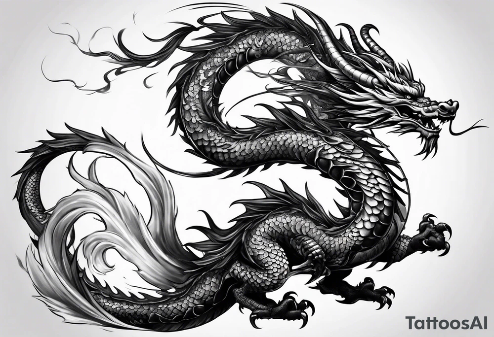 Brushstroke oriental dragon with wrapped around a sword tattoo idea