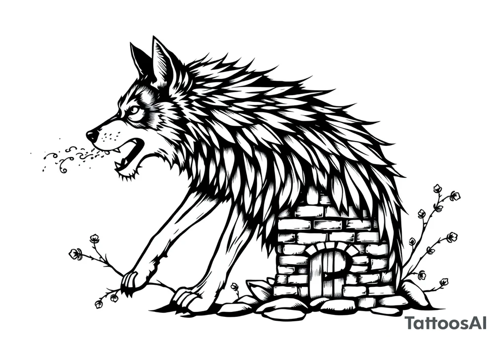 Big  wolf  blowing down   a brick house tattoo idea