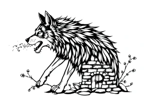 Big  wolf  blowing down   a brick house tattoo idea