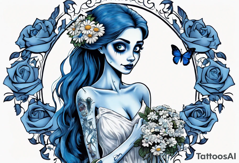 corpse bride Emily wearing a wedding dress. the vail on her head. she is holding a bouquet of blue roses in the middle of the bouquet  there is one white daisy. there is one blue butterfly flying around her. A full moon on the background. tattoo idea