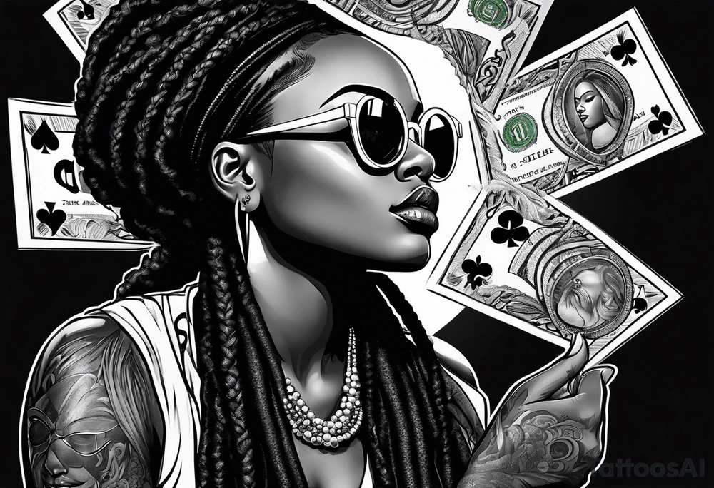 african woamn with dread locks and un glasses biting money playing poker tattoo idea