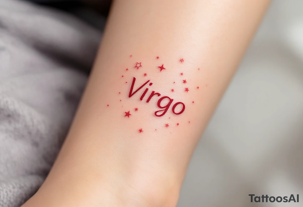 A bold Virgo sign in crimson red centers the arm with delicate white stars orbiting in constellation form. tattoo idea