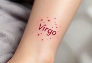 A bold Virgo sign in crimson red centers the arm with delicate white stars orbiting in constellation form. tattoo idea