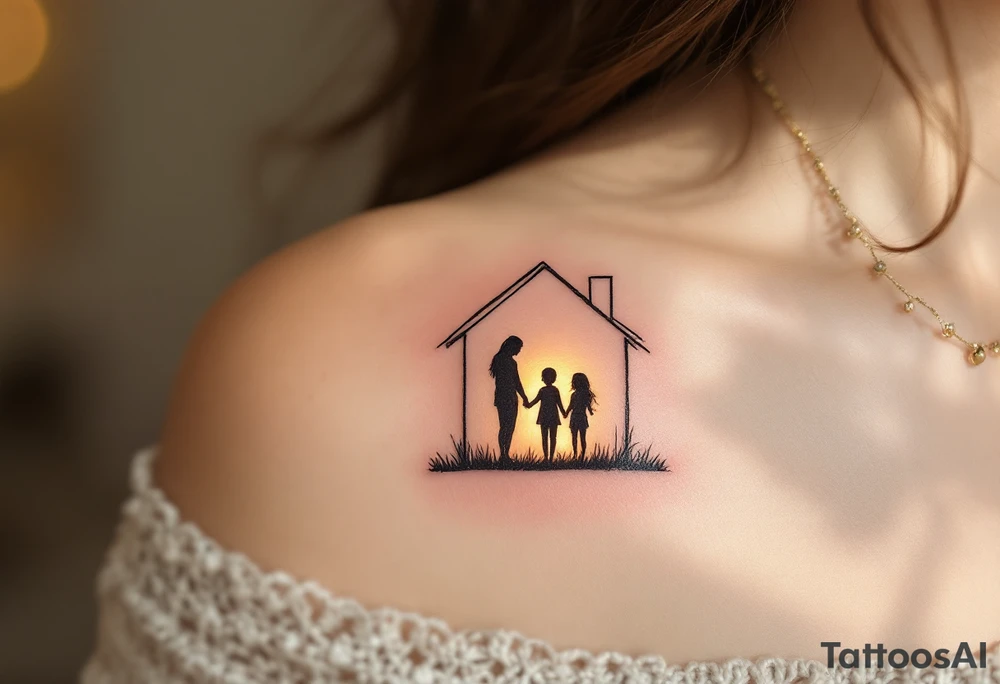 Family inside a house silhouette, with warm golden light glowing from the windows. tattoo idea