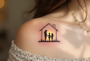 Family inside a house silhouette, with warm golden light glowing from the windows. tattoo idea
