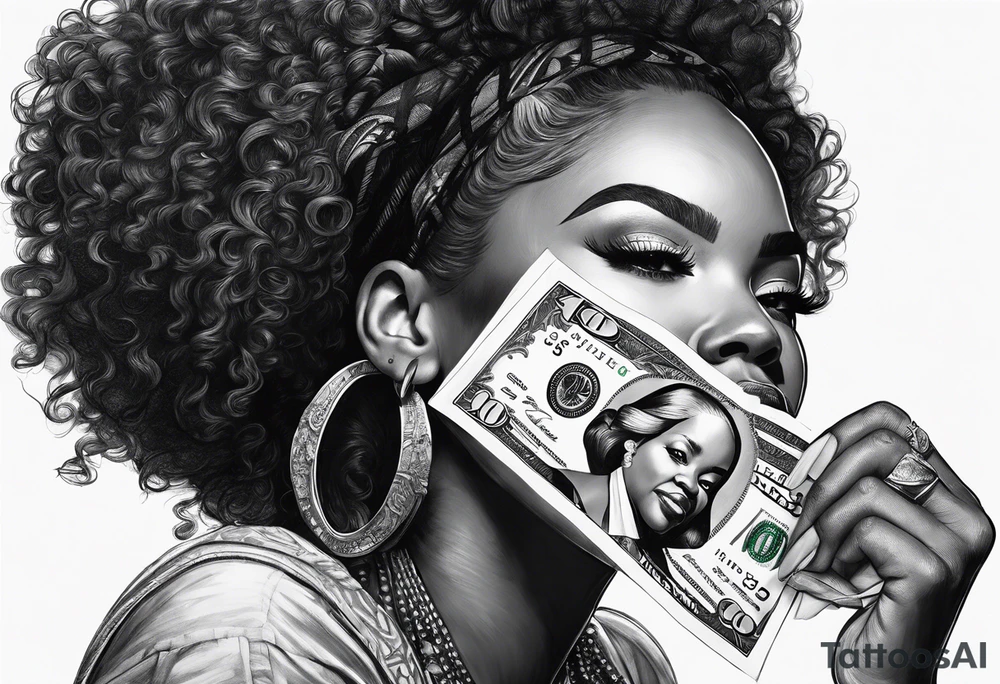 black woman biting money tattoo idea