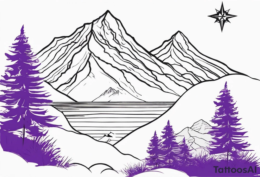 I’d like a half sleeve tattoo on my shoulder. It features a mountain range, with a compass rose rising up from behind the mountain like a sunrise. In front of the mountains, there are purple and teal flowers. tattoo idea