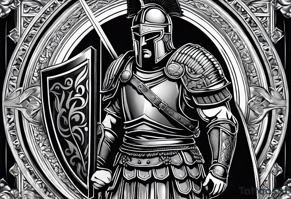 a black and white illustration of a roman soldier from AD 60, wearing armor which must include an armoured belt, breastplate, armoured shoes, shield, helmet and sword.
the soldier must look strong. the soldier is faceless. The image must include the full person - from head to toes tattoo idea