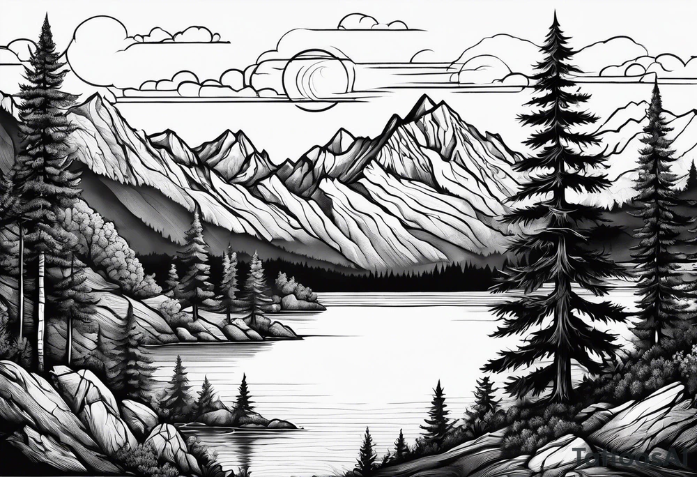 mountains and large trees and large sun with lake at bottom tattoo idea