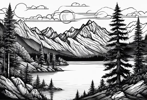 mountains and large trees and large sun with lake at bottom tattoo idea