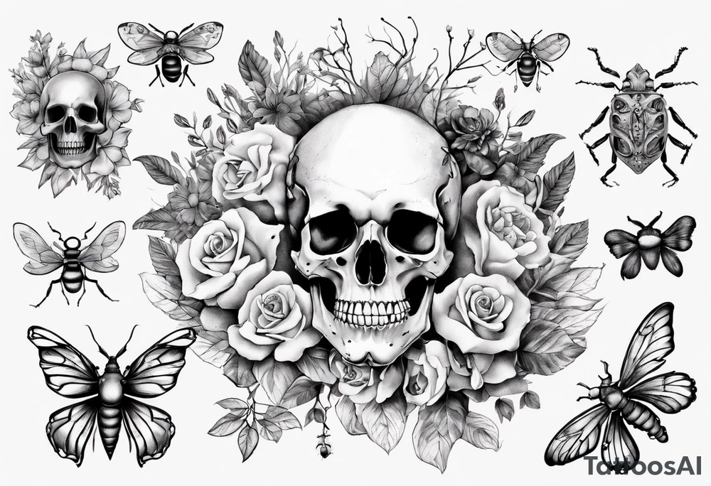 Female skull with flowers and bugs around it tattoo idea Female skull with flowers and bugs around it tattoo idea