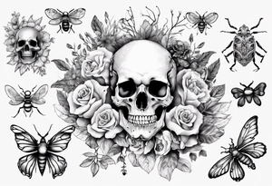 Female skull with flowers and bugs around it tattoo idea