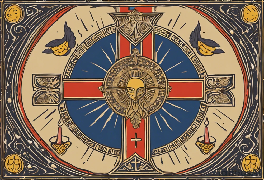 A medieval cross with an assyrian flag in the middle. A crown om top of the cross. The assyrian king Sennacherib. A sun and a moon. A cloud with rain and thunder. charizard. an imperfect cirkle. a candle. a swan. lemons. the god asshur with wings. an ankh. angel wings with a halo. surrounded by olive branches and feathers. tattoo idea