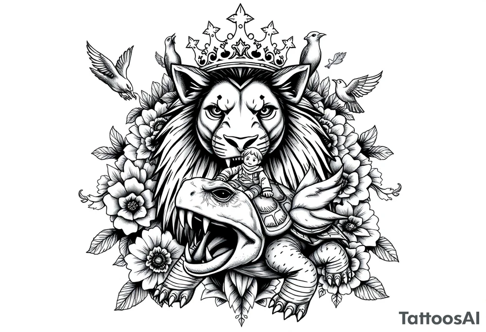 powerful majestic lion with a crown, surrounded by floral ornaments and birds an angry turtle with huge teeth and a tiny hobbit like person riding on the back tattoo idea