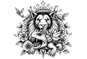 powerful majestic lion with a crown, surrounded by floral ornaments and birds an angry turtle with huge teeth and a tiny hobbit like person riding on the back tattoo idea