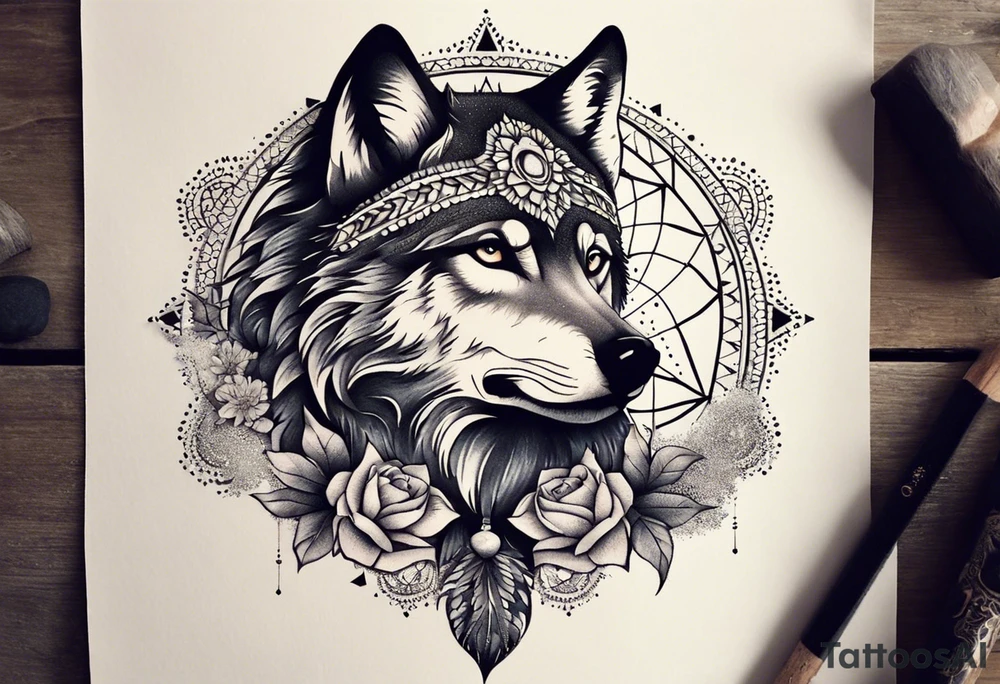 A whimsical wolf tattoo featuring mandala or dream catcher elements, with the wolf as the central focus, surrounded by mountains in the background. Include flowers and nature elements to fill the space around the wolf. Some color but not completely solid bold color tattoo idea