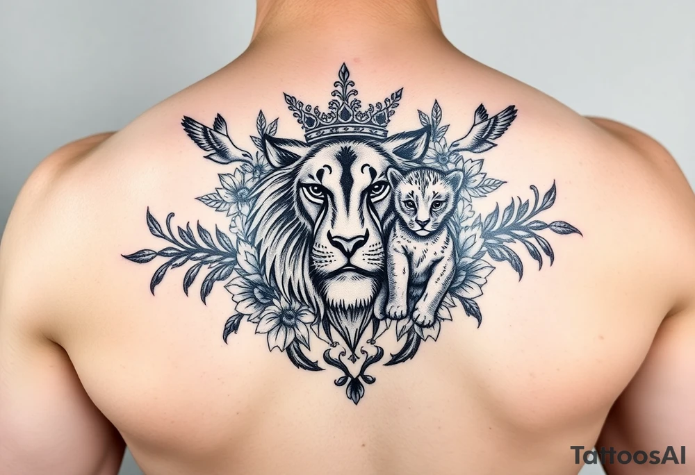 powerful majestic lion and cub with a crown, surrounded by floral ornaments and birds tattoo idea