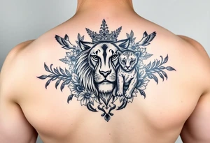 powerful majestic lion and cub with a crown, surrounded by floral ornaments and birds tattoo idea