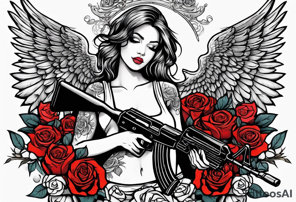 Beautiful angle standing from head to toe  with wings and tattoos surrounded by roses holding a ak 47 tattoo idea